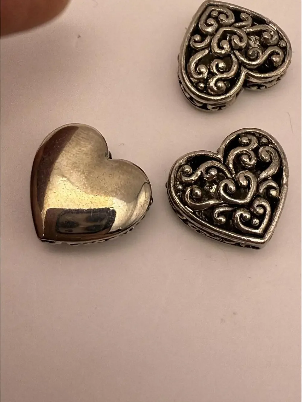 3 large Heart-Shaped Silver Beads